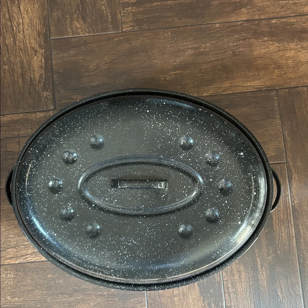 Vintage Black Speckled Enamel Roaster Large